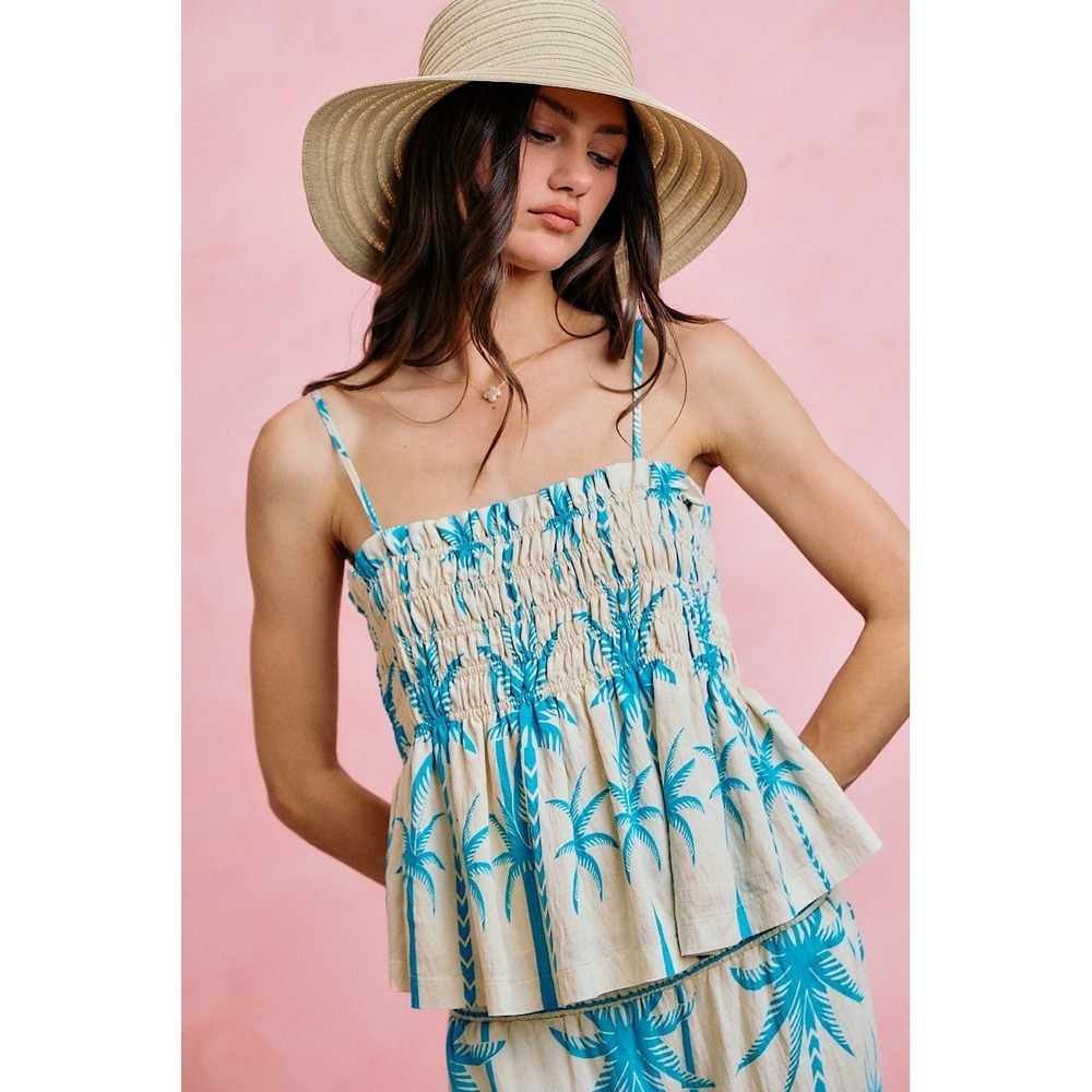 SO ME Palm Tree Smocked Bodice Adjustable Cami Top - Blue - Medium - Picture 3 of 16